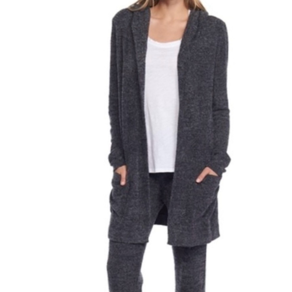 Barefoot Dreams CozyChic Lite Hooded Cardigan Black Soft‎ Womens Medium